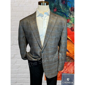 Cremieux Mens 50R Tan Ice Blue Plaid Quality Blazer Sport Jacket Viscose Bamboo